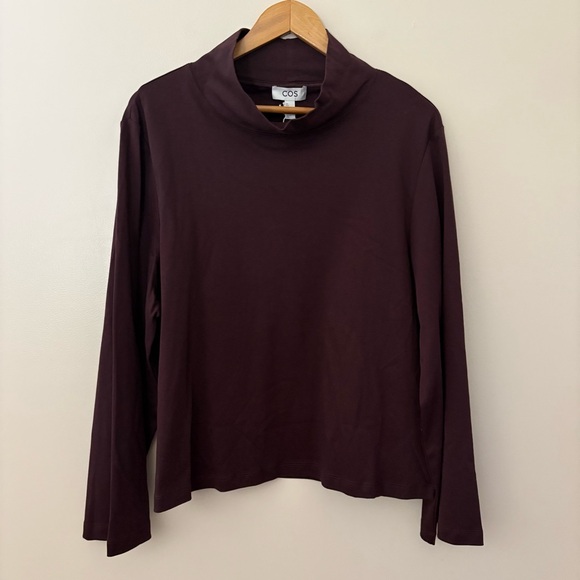 NEW COS long-sleeved mock neck top in a dark plum wide sleeves 100% Cotton Sz L - Picture 12 of 13